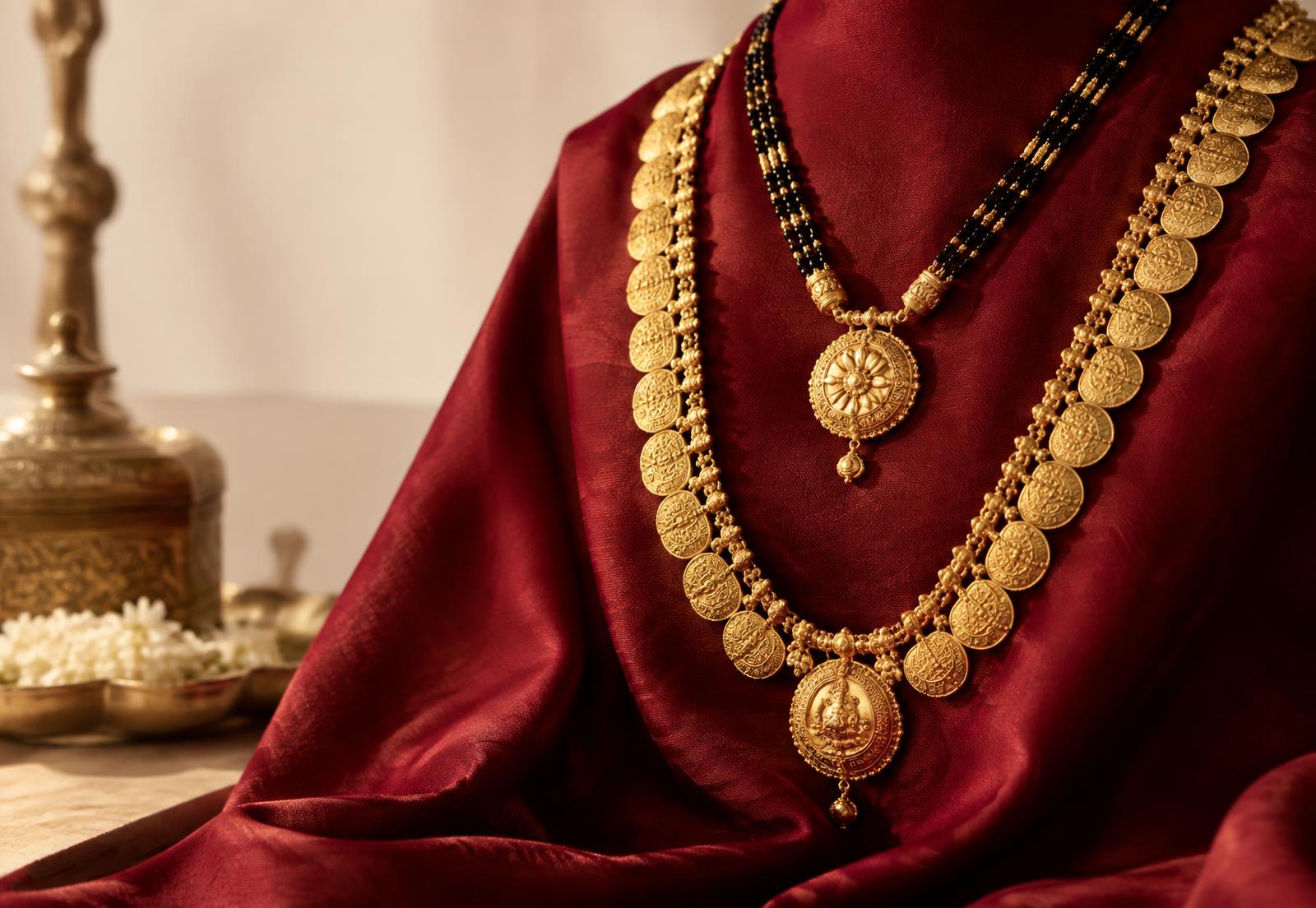 Traditional Nepali gold necklaces on maroon silk